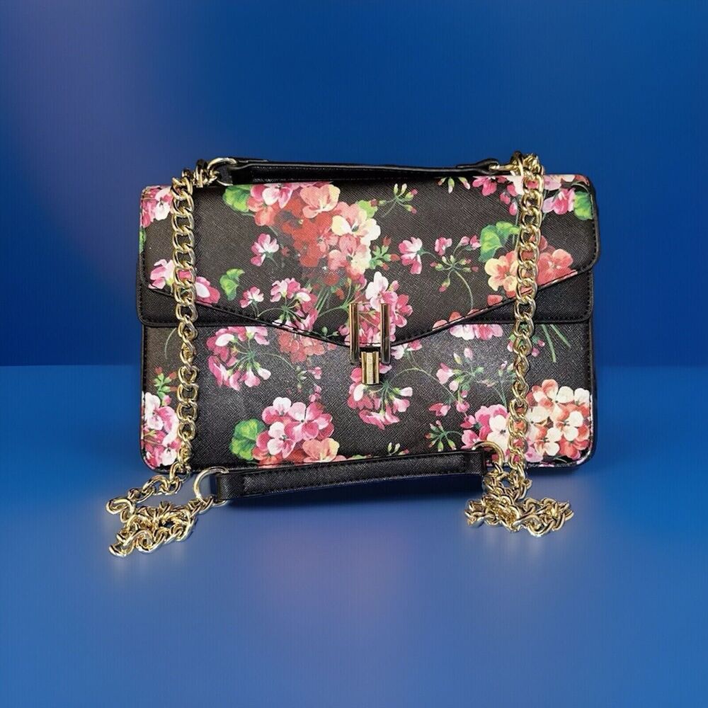 Lionel Black Floral Gold Chain Crossbody Faux Leather Bag CUTE